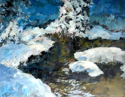 Pintura de paisaje acrílica hecha a mano, escena de invierno, bosque nevado y río, firmada Foto 1 de 4