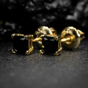 Yellow Gold 925 Sterling Silver Black Onyx Princess Cut Mens Small Stud Earrings - Picture 1 of 5