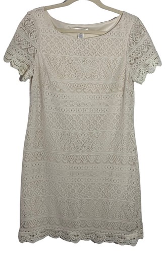 OFF WHITE Mini abito tubino pizzo foderato bianco sporco London Times donna taglia 8