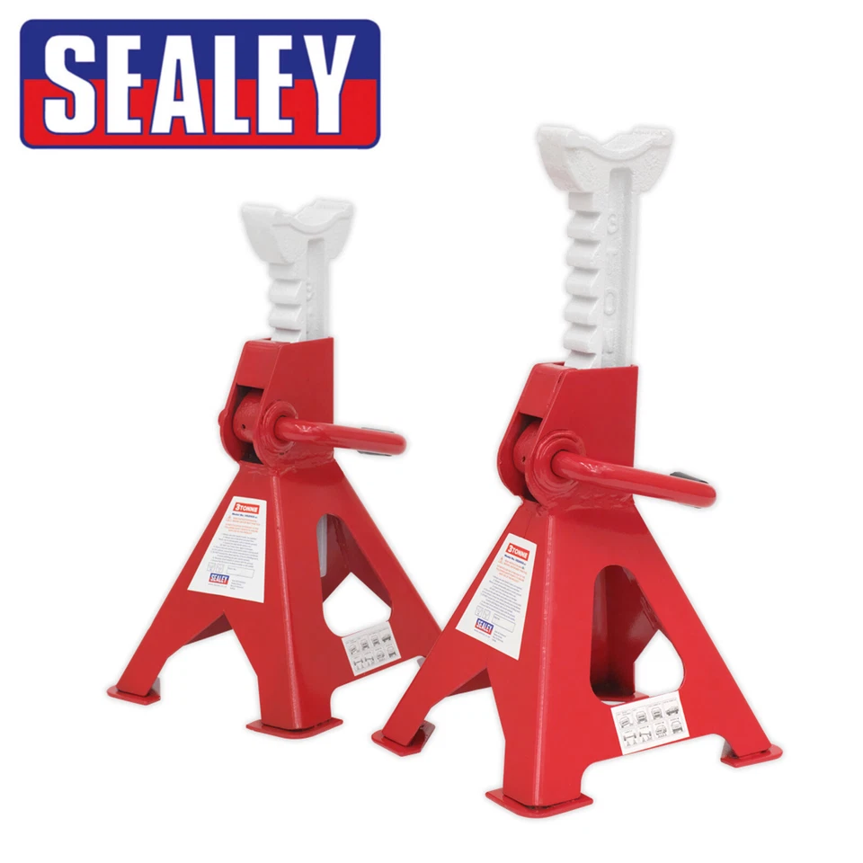 Sealey Axle Stands (Pair) 3 Tonne Capacity Ratchet Type Steel Base Cast Head - Image 1 of 1