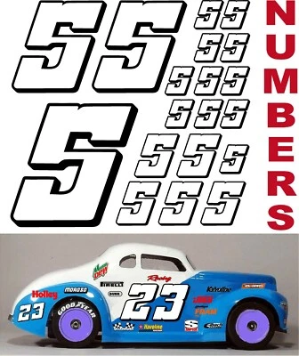 WHITE w/Black (#5's) Racing Numbers Decal Sticker Sheet 1/8-1/10-1/12 RJ speed - Image 1 of 4