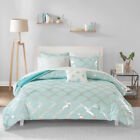Blue Silver Metallic Scallop 8 pc Comforter Sheet Set Twin XL Full Queen Bed Bag