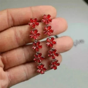 Pretty Pear Cut Simulated Red Ruby Drop/Dangle Earrings In 14k White Gold Plated - Picture 1 of 6