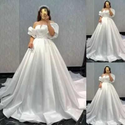 Princess Satin Wedding Dresses Off Shoulder Short Puff Sleeve Ruched Bridal Gown - Image 1 of 4