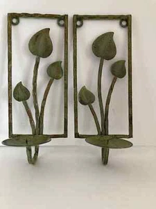 Green Metal Wall Sconce Pillar Candle Holders Leaves Nature Rectangle Set of 2 - Picture 1 of 16