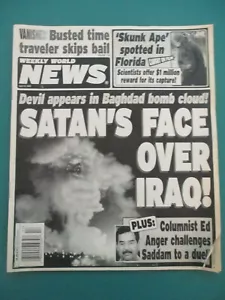 Weekly World News El rostro de Satanás sobre Irak 4/2003 ¡Hechos emocionantes y aterradores! - Imagen 1 de 8