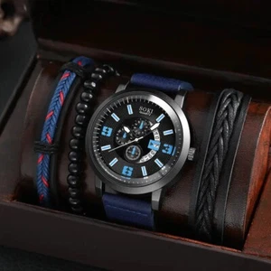 4pcs/Set Casual Leather Strap Number Date Quartz Wristwatch Fashion Men Watches - Picture 1 of 1