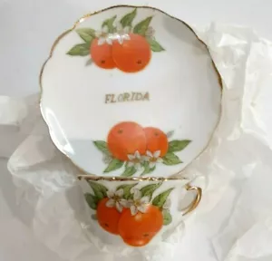 Florida Oranges Miniature Tea Cup and Saucer Set Gold Trim Collector Made Japan - Picture 1 of 4