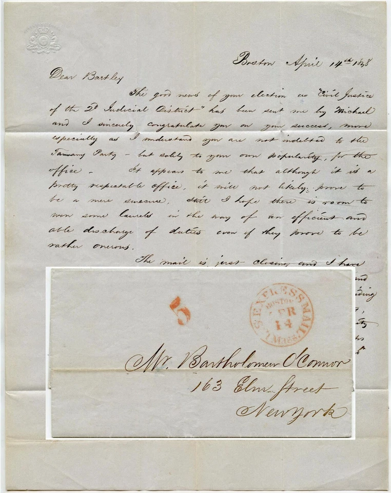 USA 1848 BRIEF RE BARTHOLOMEW OCONNOR CIVIL JUSTICE NY..BOSTON EXPRESS MAIL - Bild 1 von 3