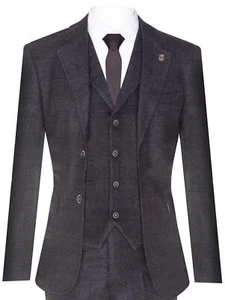 Mens Black 3 Piece Tweed Suit Peaky Blinders 1920s Gatsby Classic Tailored Fit - Picture 1 of 6