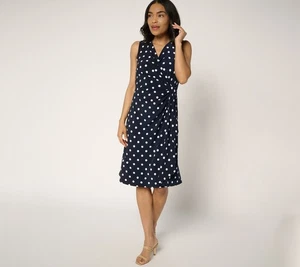 Susan Graver Petite Liquid Knit Faux Wrap Cascade Dress Navy Dot 3X New - Picture 1 of 3