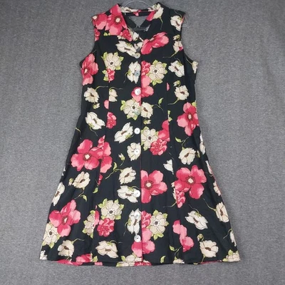 WHITE STAG WOMENS VTG BLACK TAN FLORAL CROSS BACK LINEN BLEND BUTTON UP DRESS 16 - Image 1 of 4