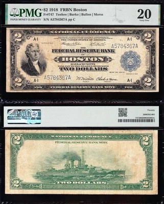 VERY NICE *RARE* Bold & Crisp VF 1918 $2 "BATTLESHIP" FRBN Note! PMG 20! 84367A - Image 1 of 3