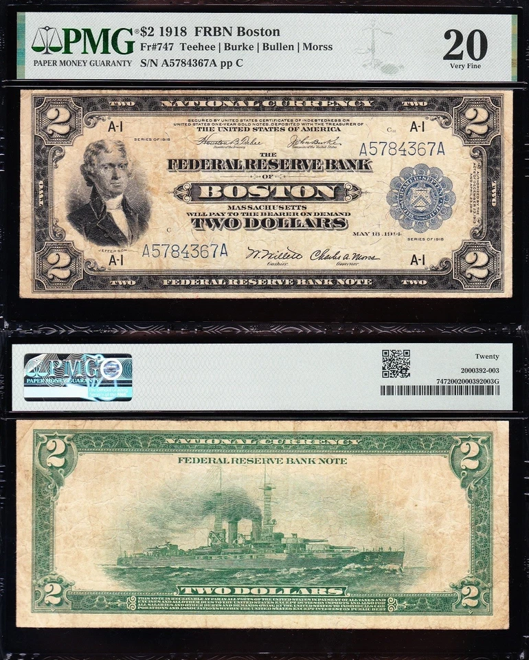 VERY NICE *RARE* Bold & Crisp VF 1918 $2 "BATTLESHIP" FRBN Note! PMG 20! 84367A - Image 1 of 3