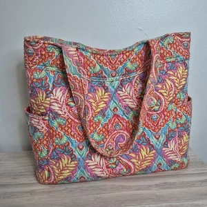 Vera Bradley Large Tote Pink Blue Red Paisley Paradise Side Pocket Zip Quilted - Picture 1 of 15