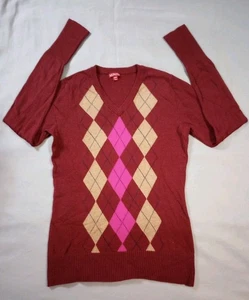 Merona Knit Sweater Womens Medium Maroon Red Beige Pink V Neck - Picture 1 of 10