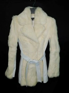 Vintage Y2K Bebe S White Rabbit Fur Coat Leather Trim Belted Hook Front Small - Picture 1 of 11