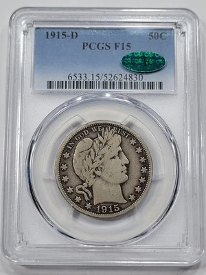 1915 D 50c Barber Half Dollar PCGS F15 CAC Great Patina PQ Circulated *K658 - Image 1 of 3