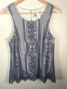 Society Girl Overlay Tank LARGE Navy Cotton Lace Over Cream Boutique Store - Picture 1 of 9
