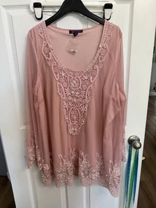 Women’s Roaman's pink Sheer Arm Beaded Romantic blouse Shirt Lace 22W NWOT - Picture 1 of 6