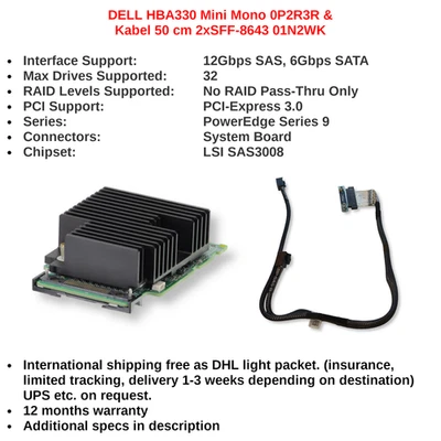 DELL HBA330 Mini Mono 0P2R3R + Kabel 50cm 2xSFF-8643 01N2WK - Bild 1 von 2