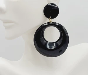 Black Tapered Round Hoop Button Stud Drop Dangle Vtg 1980s Retro Style Earrings - Picture 1 of 24