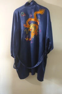 Vintage Esme Morgenmantel XL Marine Kimono Chinesischer Drache Stickerei Viskose - Bild 1 von 3