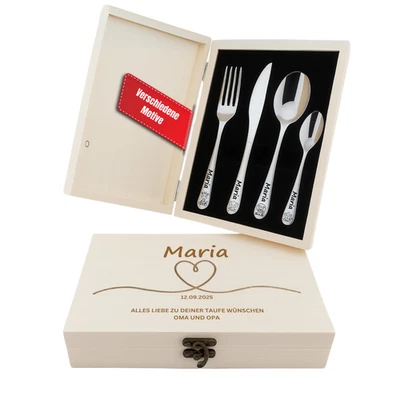 Cubiertos para niños con grabado / Tableros de desayuno / Caja de madera / Nombre personalizado - Imagen 1 de 4