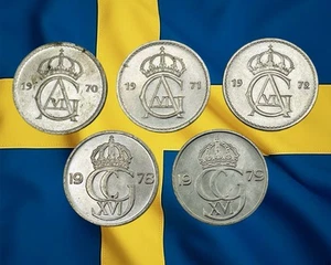 Lot of 5 Sweden 50 Ore Coins - 1970s Dates - Combined Ship - Picture 1 of 2