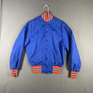 Vintage Satin Striped Varsity Jacket Mens Small USA Made Blue Orange Mets Colors - Picture 1 of 12