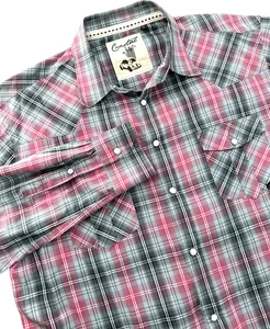 COASTAL Men's XL Razzle Pink & Gray Plaid Western Snap Front Long Sleeve Shirt - Picture 1 of 13