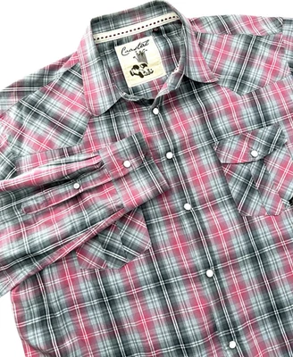 COASTAL Men's XL Razzle Pink & Gray Plaid Western Snap Front Long Sleeve Shirt - Image 1 of 4