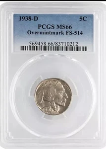 1938 D Buffalo Nickel - Overmintmark FS-514 - PCGS MS66 - Picture 1 of 4