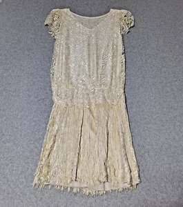 Vintage Flapper Dress Woman Small Ivory Fringe Lace Coquette Fairy Wedding Prom - Picture 1 of 8