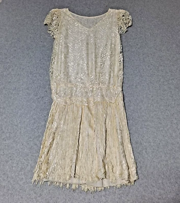Vintage Flapper Dress Woman Small Ivory Fringe Lace Coquette Fairy Wedding Prom - Image 1 of 4