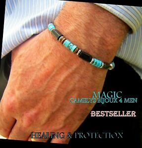 Men Bracelet African Turquoise Tourmaline Lava  Onyx Hematite Magic Stone