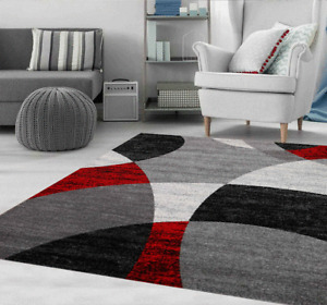 Teppich Wohnzimmer Rot Grau Schwarz Modern Kreis Gestreift Meliert Kurzflor NEU