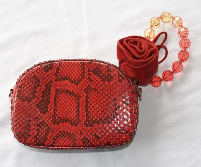 $620 New ROBERTA GANDOLFI Purse Snakeskin Print Rose Wristlet Crossbody RED - Image 1 of 4