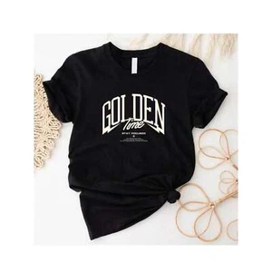 100% Cotton Golden Time Letter Printed T-shirt, Casual Fashion Short Sleeve - Picture 1 of 12