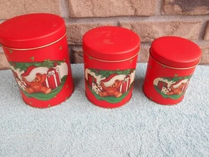 SET OF 3 VINTAGE 1988 ROUND CHRISTMAS HOLIDAY NESTING TINS TEDDY BEAR - Picture 1 of 15
