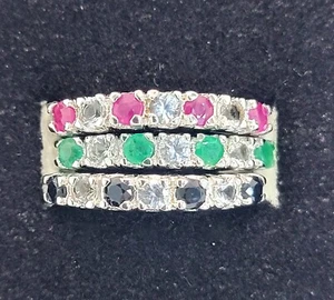 Natural Emerald Ruby Sapphire Topaz 3 Band Rings 925 Sterling Silver Size 6 - Picture 1 of 7