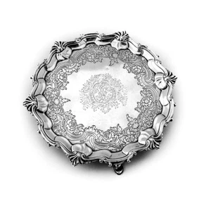 English Ornate Footed Serving Salver Tray James Wilks Sterling Silver 1752 Mono - Picture 1 of 4