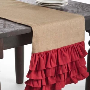 Ruffled Burlap Jute 16"x72" Table Runner Country Farmhouse Tan Red NWT Capucine - Picture 1 of 7