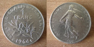 France 1 Franc 1964 Nickel Coin Semeuse Free Shipping World Francs Frcs Frc - Picture 1 of 3