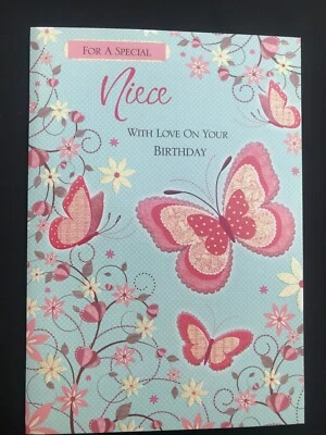 Tarjeta de cumpleaños de sobrina, mariposas y flores, brillante, 23 x 16 cm Foto 1 de 4