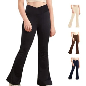 Kids Girls High Waist Flared Pants Athletic Leggings Casual Sport Soild Trousers - Picture 1 of 11