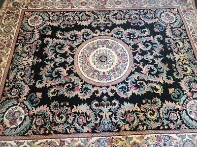 Vintage Oriental Wool Medallion Floral Colorful Black Hand Knotted Rug 8x10 - Image 1 of 4
