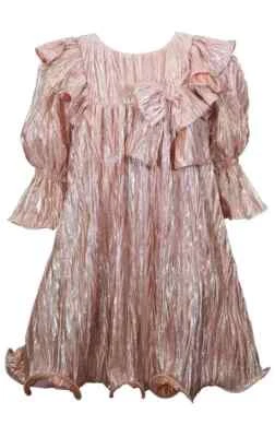 NWT Bonnie Jean Girls Size 4 Blush Metallic Bow Bell Sleeve Crinkle Dress - Image 1 of 3