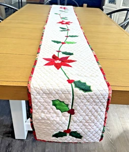 Vintage Handmade Christmas Quilted Table Runner Poinsettias EUC 105” x 12” - Picture 1 of 7