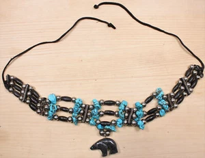 Collar Gargantilla Fetiche Oso Hecho a Mano con Cuentas de Turquesa y Madera de Hierro X925A - Imagen 1 de 3